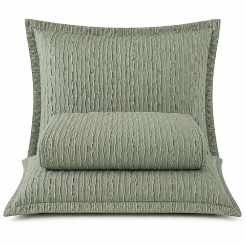Kit Cobre Leito Elegance King Percal 300 Fios Colcha Matelassê Plissado 3 Peças Verde