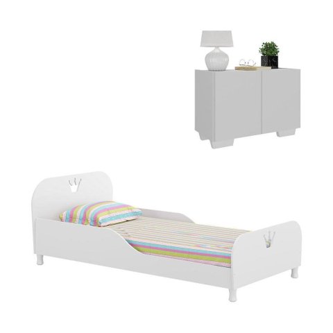 Cama Solteiro 100% Mdf com Colchão e Mesa de Cabeceira 2 Portas Multimóveis Mp4186 Branca