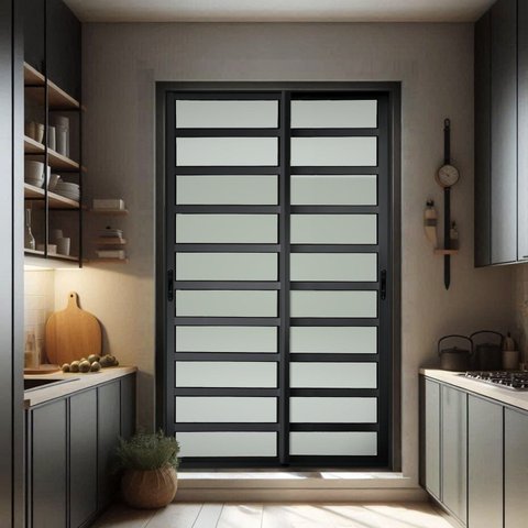 Porta de Correr com Travessas 2 Folhas Moveis 210 x 120 Elite com Fecho Automático Vidro Liso Preto