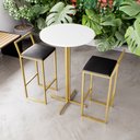 Ver imagem 1 de Jogo Mesa Alta Bistrô Redonda Branca 2 Banquetas Estofado Confort Industrial Dourado Don Castro Deco