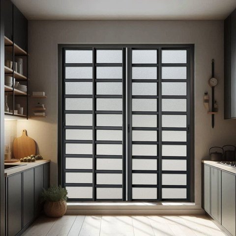 Porta de Correr com Travessas 4 Folhas Moveis 210 x 240 Elite com Fecho Automático Vidro Liso Preto Brimak