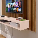 Ver imagem 5 de Painel Suspenso Prateleira Superior Nicho Tv 48 Polegadas Sala Estar Quarto - Ripado Freijó/off