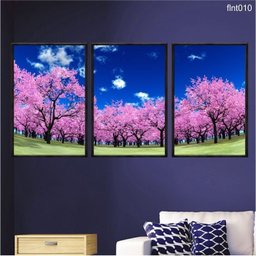 Kit 03 Quadros Decorativos - Cerejeiras Rosa Ceu Limpo Flnt010 - Vidro com Impressão Uv - 60x80cm - 2