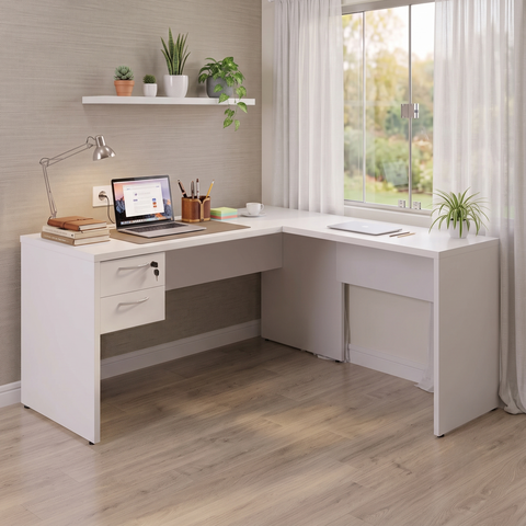Escrivaninha em L 120x150cm com Gaveteiro Suspenso Cinza Yescasa