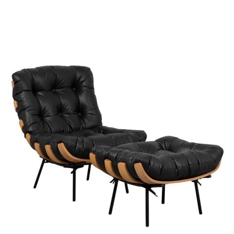 Kit Poltrona e Puff Decorativo Costela Courino Preto - Montanaris Decor