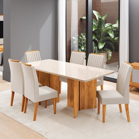 Conjunto Sala de Jantar 6 Lugares Retangular Tampo de Vidro/MDF Corleone Yescasa Bege/Mel/Off White