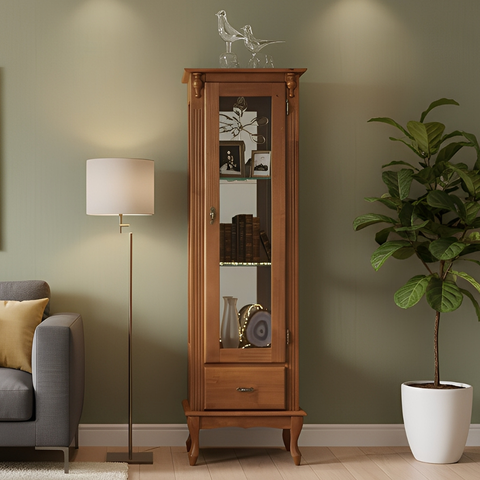 Cristaleira de Madeira 1 Porta, 1 Gaveta e Espelho com Pés Luiz Xv - Imbuia Glazer