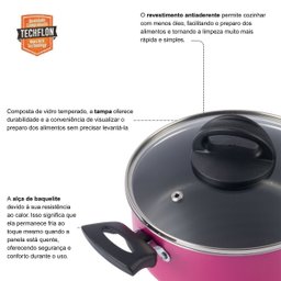 Caçarola Antiaderente Tampa de Vidro 16cm 1,4l Rosa Nacional - 3