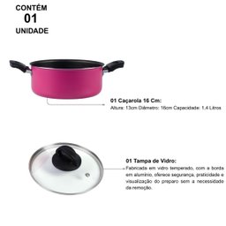 Caçarola Antiaderente Tampa de Vidro 16cm 1,4l Rosa Nacional - 2