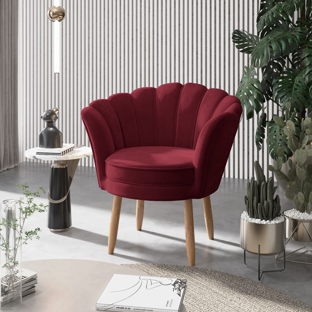 Poltrona Decorativa Pétala Luxo Veludo Marsala Pés Palito - Visan Estofados - 1