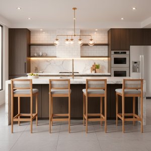 Kit 4 Banquetas Estofada em Linho Encosto Palhinha Bruna:mel com Linho Prata