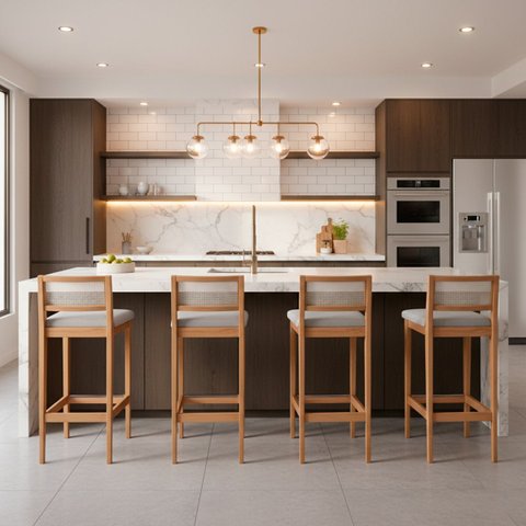 Kit 4 Banquetas Estofada em Linho Encosto Palhinha Bruna:mel com Linho Prata