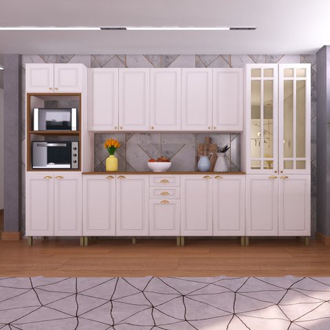 Cozinha Americana Modulada Torre Quente Cristaleira com Vidro Reflecta Compacta 6 Peças  Paris