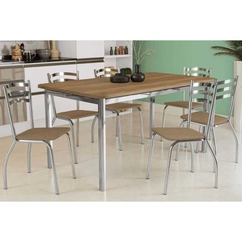 Conjunto: Mesa de Cozinha Reno C/ Tampo Madeira 160cm e 6 Cadeiras Portugal Cromada/capuccino -