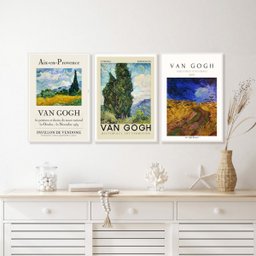 Kit 3 Quadros Paisagens de Van Gogh 45x34cm - com Vidro:madeira Preta - 1