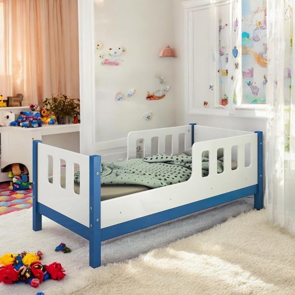 Cama Juvenil com Proteção Essenza Branca e Azul com Colchão ...
