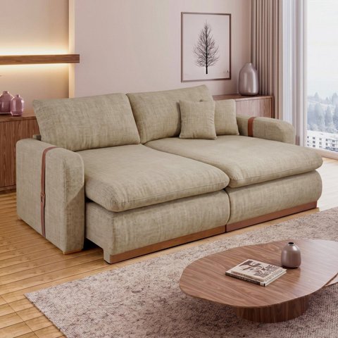 Sofá Cama Retrátil e Reclinável 3 Lugares Linho Bege França 230cm Yescasa