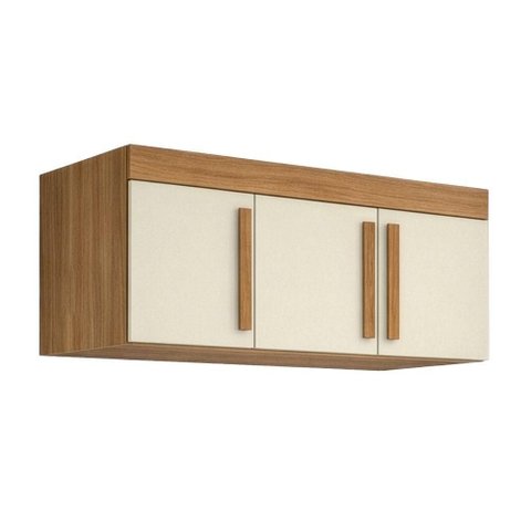 Armário Aéreo Multiuso Madrid 3 Portas 3 Prateleiras MDP 90cm Amadeirado e Off White