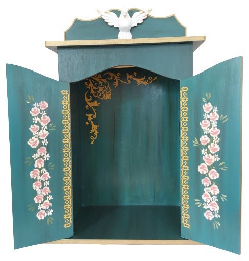 Oratório Capela Com Porta  P/ Imagens De Até 30cm Modelo Ouro Preto Azul Flores **Iluminação** - 2