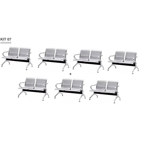 Kit com 7 Cadeiras Longarina Aeroporto Cromada 2 Lugares
