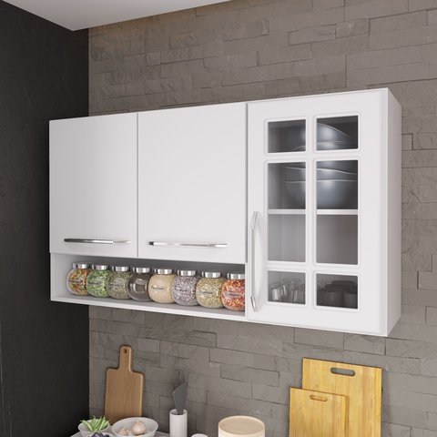 Armário Aéreo Modulado Vazado com Vidro Fidelitá Viena 120cm 3 Portas