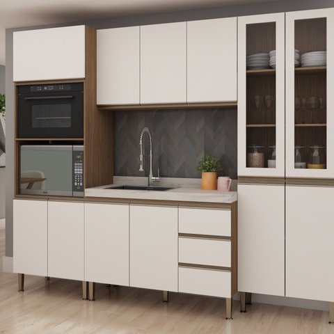 Cozinha Completa Modulada 4 Peças com Torre Quente Cristaleira e Balcão sem Tampo Bege/Ébano/Off White