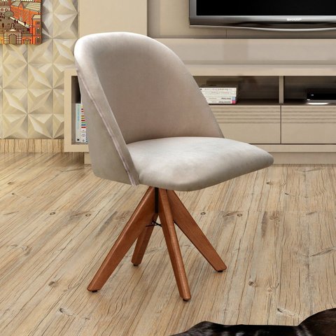 Poltrona Decorativa Gaia Giratória Madeira para Sala, Quarto, Recepção Cinza Bege