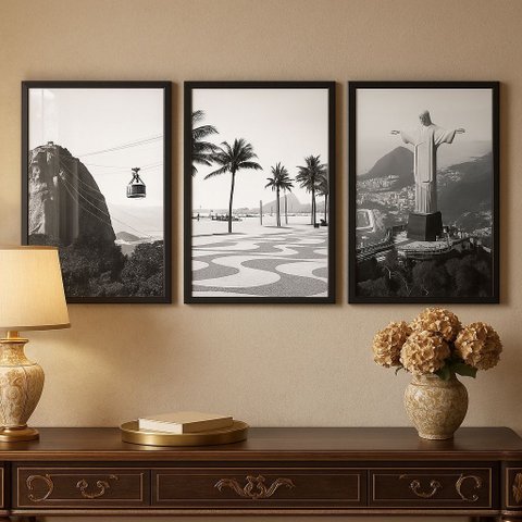 Kit 3 Quadros Fotos Cidade Rio de Janeiro Peb 33x24cm - com Vidro:moldura Preta