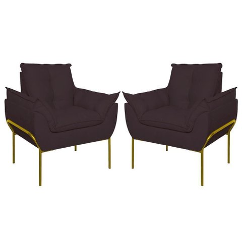 Kit 02 Poltronas Base Metal Dourada Sala Quarto Balaqui Decor Cinza
