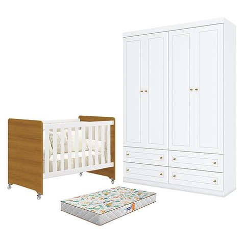 Berço Americano Evolution 4 em 1 Branco Acetinado Savana e Guarda Roupa Infantil Americano 4 Portas 