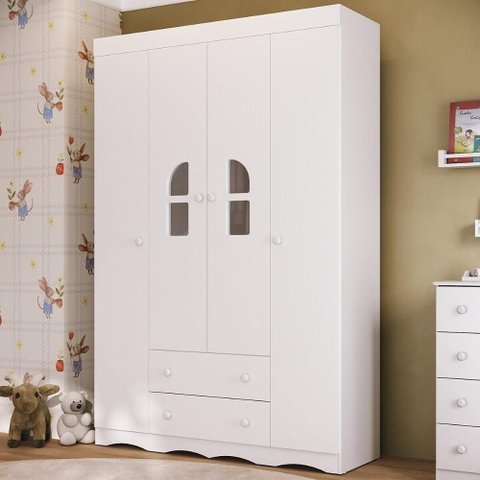 Guarda-roupa Infantil 122cm com Vidro 4 Portas e 2 Gavetas Liz Multimóveis Mp4514 Branco