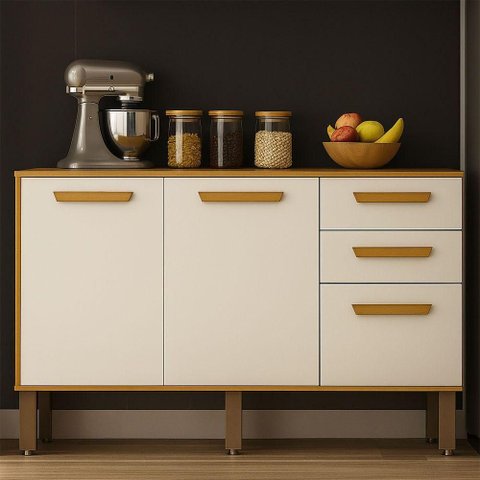 Balcão Athenas 110cm com 3 Portas 2 Gavetas Mobilihouse Cinamomo/Off White Acetinado