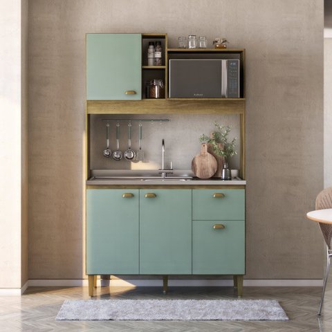 Cozinha Compacta 4 Portas e 1 Gaveta 120cm Azaleia Bellagio Yescasa Bege/Mel/Verde
