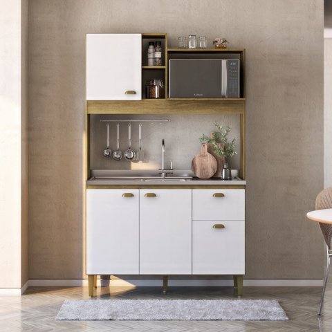 Cozinha Compacta 4 Portas 1 Gaveta 120cm Azaleia Yescasa Bege/Mel/Branco
