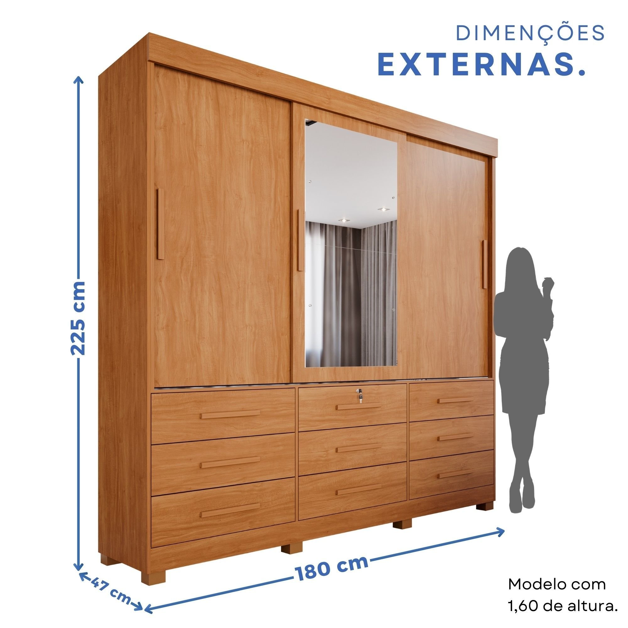 Guarda-Roupa 3 Portas 9 Gavetas com Espelho Florença Espresso