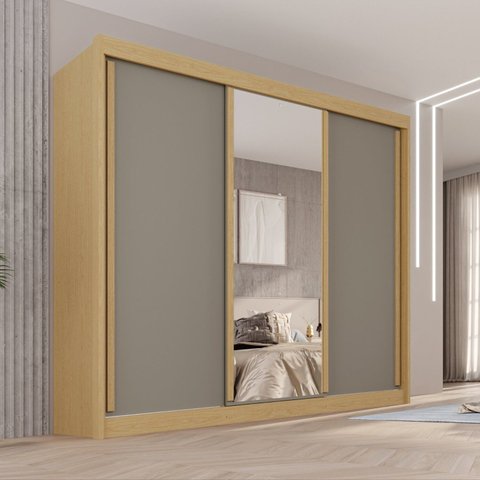 Guarda-Roupa Casal com Espelho 3 Portas 4 Gavetas 100% MDF Ipanema Cinza/Jequitibá/Granizo