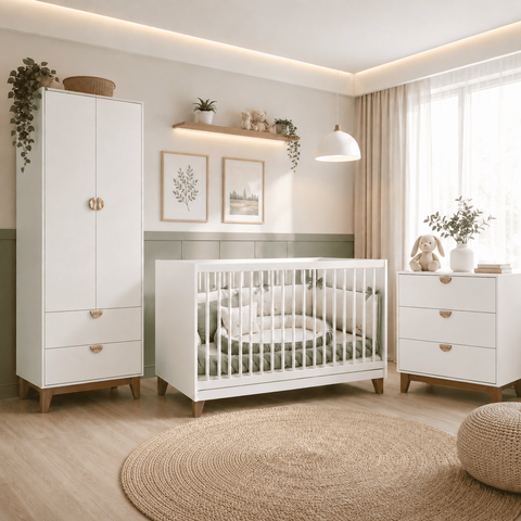 Quarto de Bebê Completo Magia com Roupeiro Berço e Cômoda - Branco