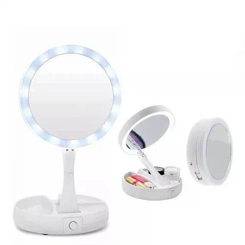 Espelho Portátil para Maquiagem Bordas em Led Zoom 10x Led Redondo