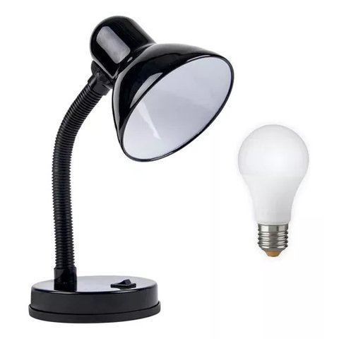 Kit Luminária de Mesa Base Abajur Haste Articulada Preta + Bulbo 9w Branco Quente Bivolt
