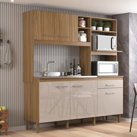 Cozinha Compacta 5 Portas e 1 Gaveta Marrom/Ipê/Cristalo