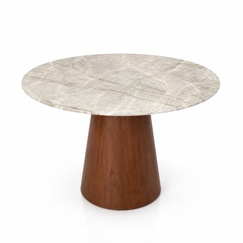 Mesa de Jantar Cone Redondo 100 cm Tampo Mármore Taj Mahal Base Nogueira