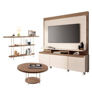 Estante Home Theater Quantum e Aparador Infinity e Mesa de Centro Sky Off White Castanho– Hb Móveis