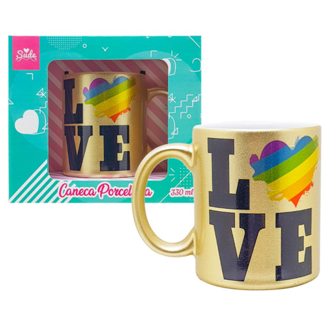 Caneca Love Dourada Porcelana 330 Ml