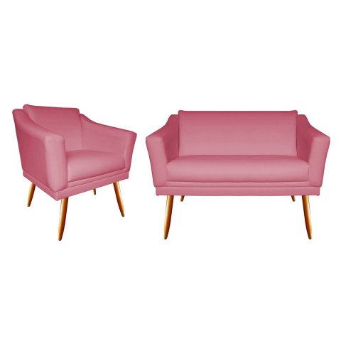 Kit Namoradeira + 1 Poltrona Decorativa Agatha Suede Rosa Pés Madeira Mz Decor