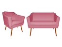 Ver imagem 1 de Kit Namoradeira + 1 Poltrona Decorativa Agatha Suede Rosa Pés Madeira Mz Decor