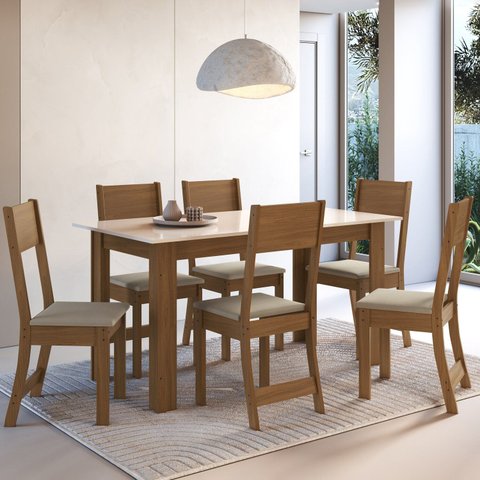 Conjunto Sala de Jantar 1 Mesa 6 Cadeiras Versalhes Amarelo/Freijó/Off-White/Bege