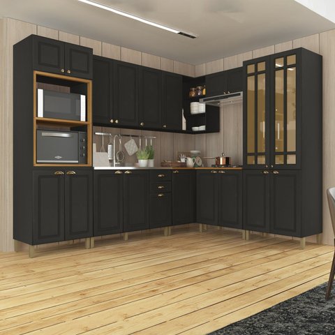 Cozinha Americana Modulada de Canto Torre Quente Cristaleira com Vidro Reflecta 8 Peças  Paris