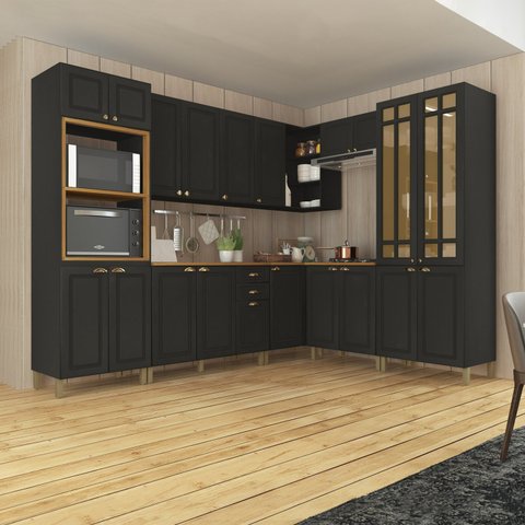 Cozinha Americana Modulada de Canto Torre Quente Cristaleira com Vidro Reflecta 8 Peças Paris