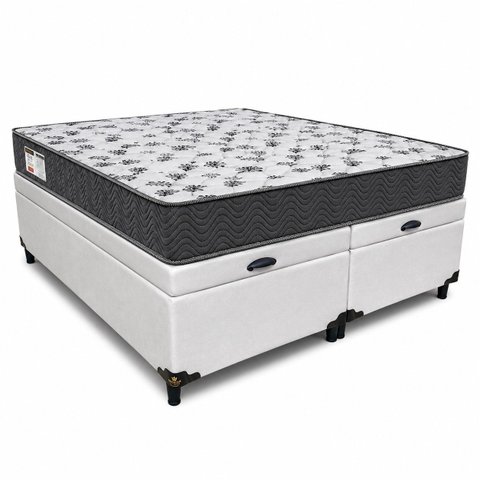 Cama Box Baú Casal Bipartido Blindado Sintético Branco + Colchão Casal de Espuma - Ortobom ISO 100