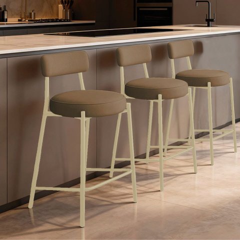 Banqueta Cozinha Alta com Encosto Kit 3 Industrial Champanhe Londres New Couro Flex D03 - D'Rossi